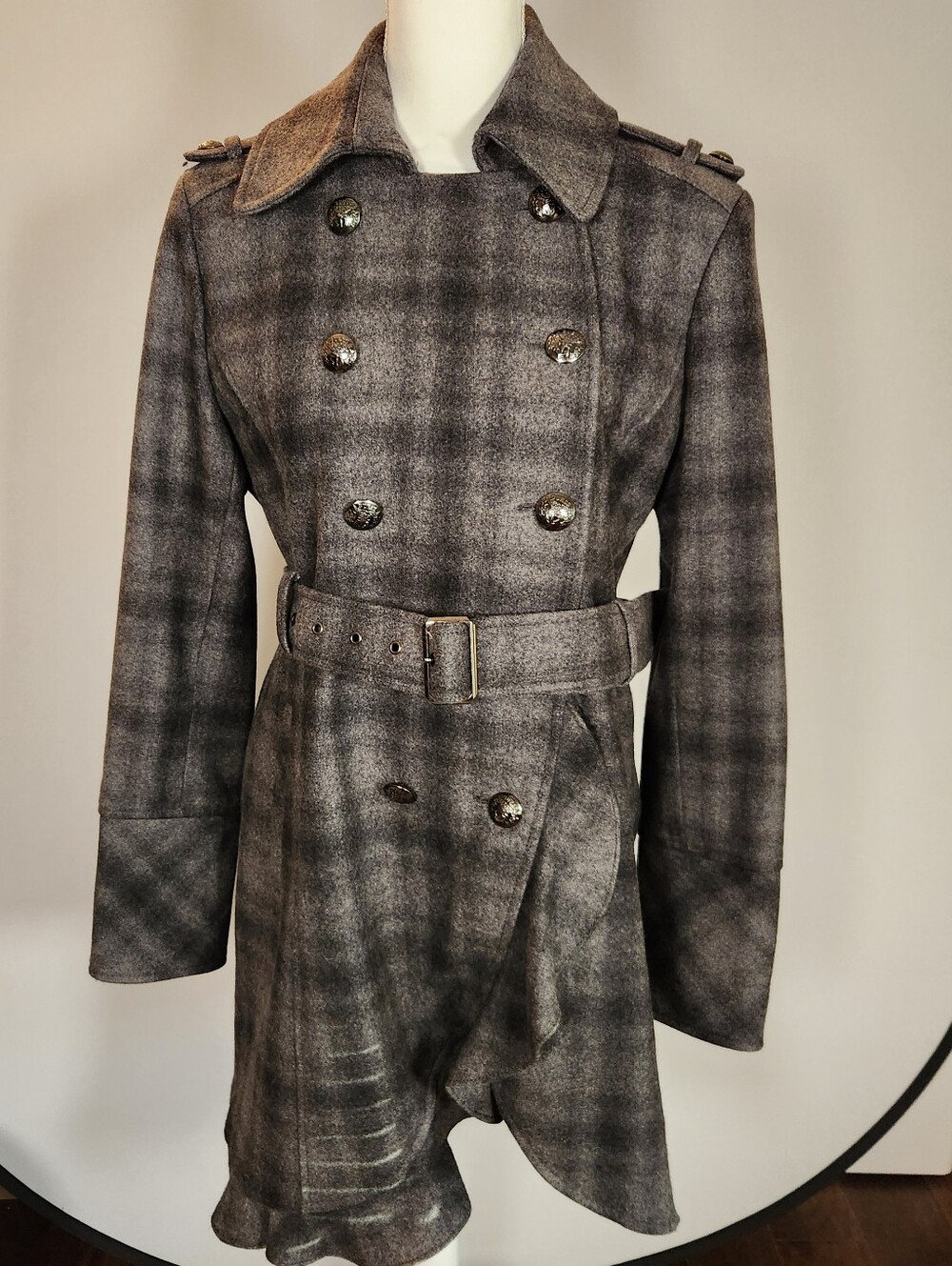 Guess Gray Plaid Wool Blend Double-Breasted Trench Coat Large